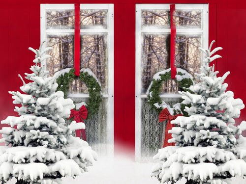 Winter SchneebedecktKiefern Rot Fenster Aussicht Hintergrund