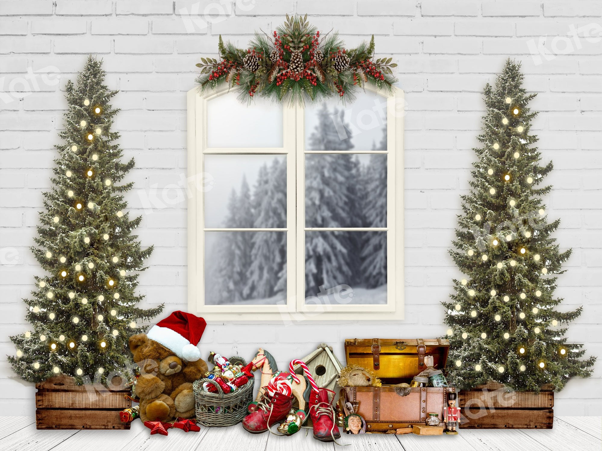 Kate Weihnachten Hintergrund Weiße Fenster & Weihnachtsbäume entworfen von JS Photography - Kate Backdrop.de