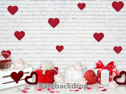 Kate Weißer Backstein Valentinstag Geschenk Rote Herzen Blumen hintergrund für Fotografie