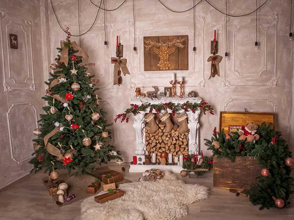 Katebackdrop：Kate Christmas Tree Fireplace Gift Box Indoor Background