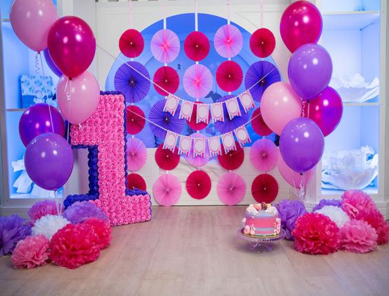Katebackdrop：Kate Green 1st Birthday Pink Flower Baloon Backdrop