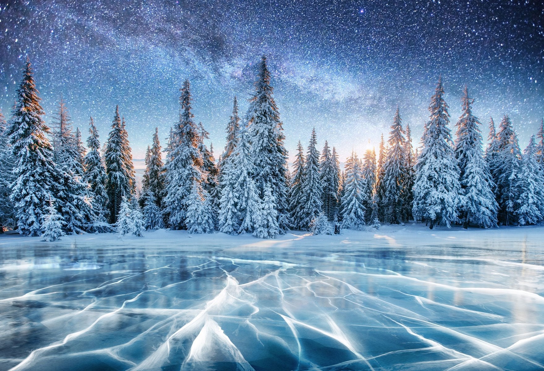 Katebackdrop：Kate Frozen Lake Snowy Forest Star Night Backdrop for Photography