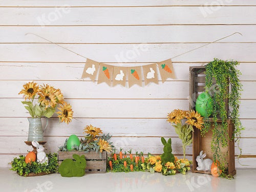 Kate Ostern Frühling Karotte  Kaninchen Ostereier Blumen Hintergrund für Fotografie