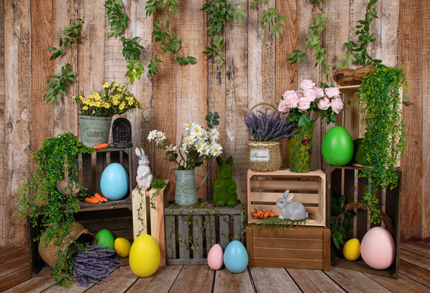 Kate Ostern Karotte Kaninchen Ostereier bunte Blume Hintergrund für Fotografie - Kate Backdrop.de