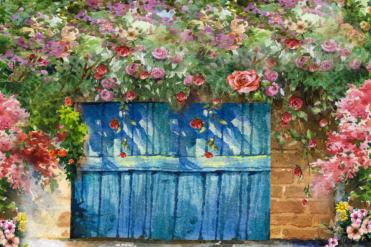 Kate Frühling Blau Holztür Garten Blumen Hintergrund Entworfen von GQ - Kate Backdrop.de