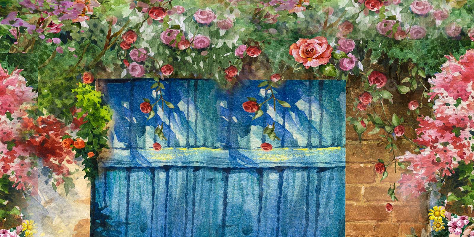 Kate Frühling Blau Holztür Garten Blumen Hintergrund Entworfen von GQ