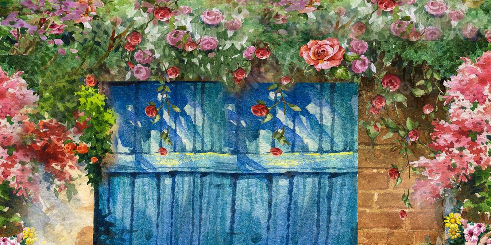 Kate Frühling Blau Holztür Garten Blumen Hintergrund Entworfen von GQ - Kate Backdrop.de