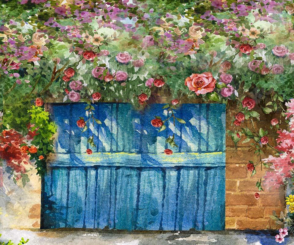 Kate Frühling Blau Holztür Garten Blumen Hintergrund Entworfen von GQ