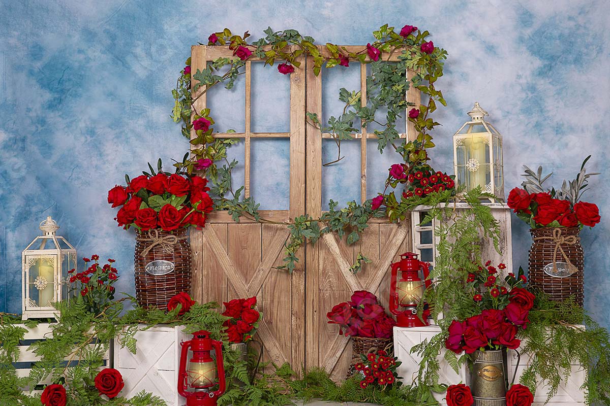 Kate Frühling / Muttertag Rote Rose Blumen Tür Blauer Hintergrund  von Emetselch