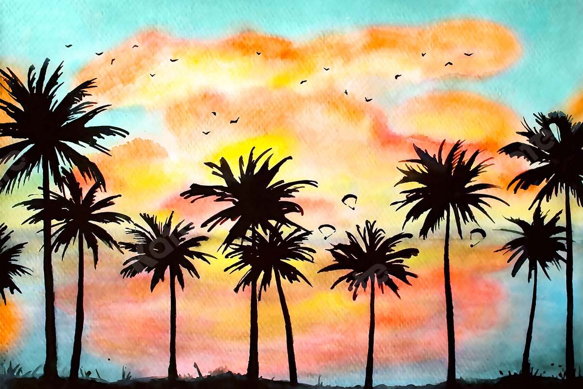 Kate Sommer Kokosnuss Baum Dämmerung Hintergrund Landschaft  von GQ