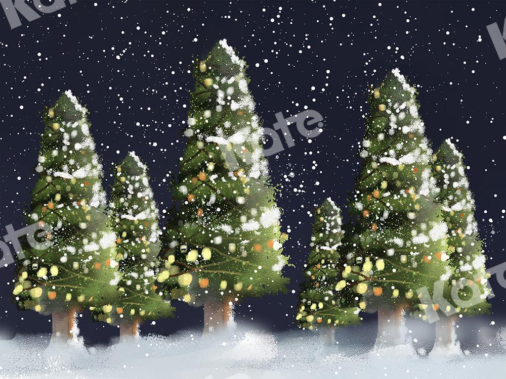 Kate Weihnachten Hintergrund Weihnachtsbäume mit Lichtern Schneeabend von Chain Photography