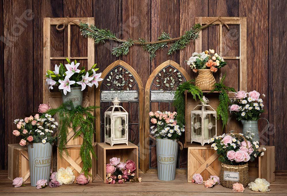 Kate Frühling Blumen Holz Tür Fenster Brauner Hintergrund  von Emetselch - Kate Backdrop.de