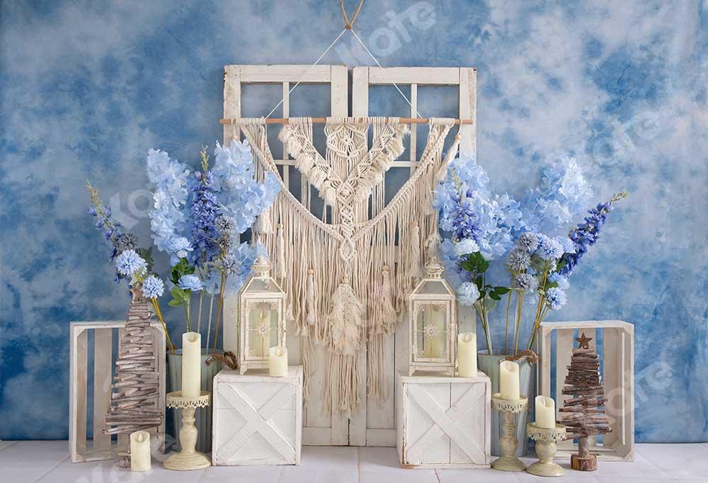 Kate Boho Blaue Blumen Cake Smash Scheunentor Geburtstag Hintergrund von Emetselch