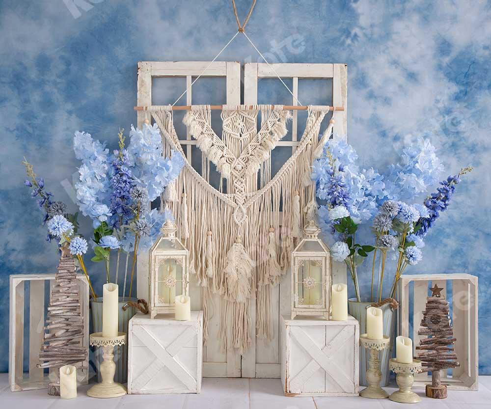 Kate Boho Blaue Blumen Cake Smash Scheunentor Geburtstag Hintergrund von Emetselch