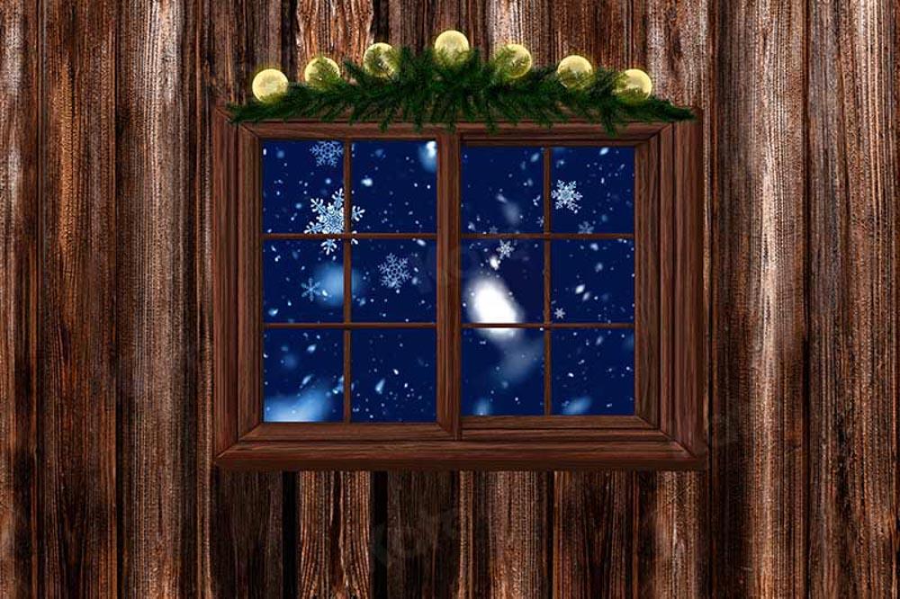 Kate Weihnachten Winter Holz Fenster Schnee Hintergrund  von Chain Photography