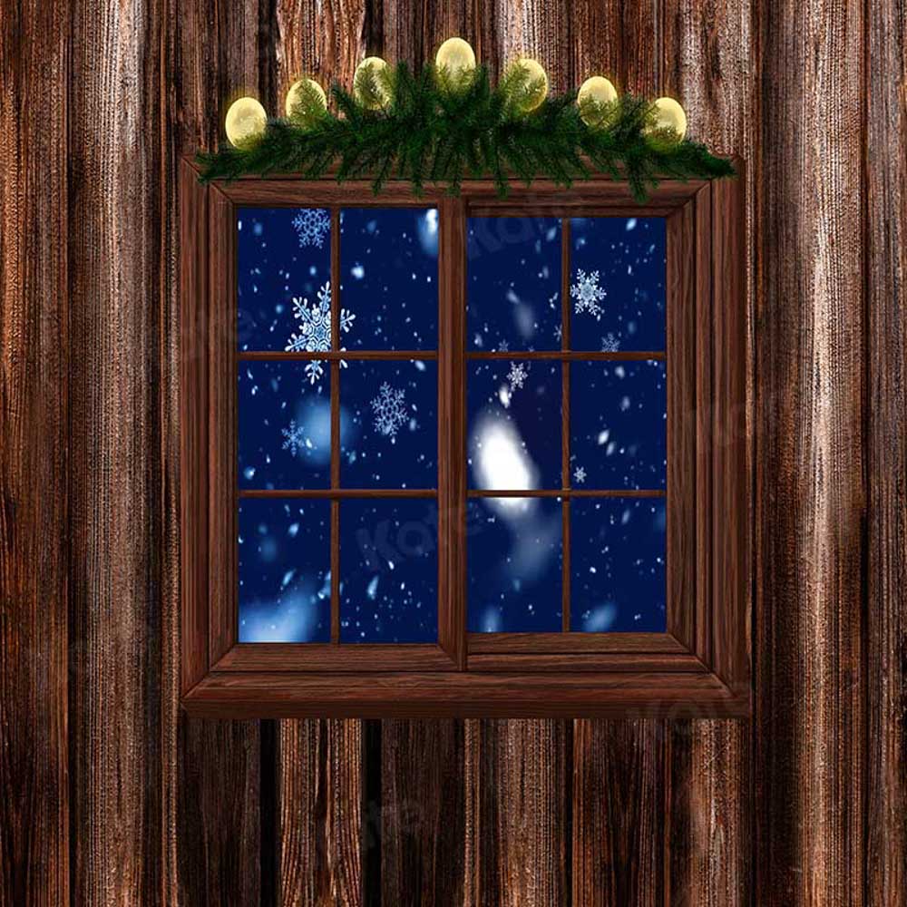 Kate Weihnachten Winter Holz Fenster Schnee Hintergrund  von Chain Photography
