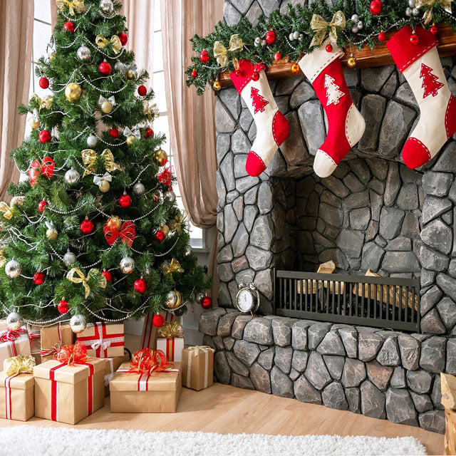 Kate Weihnachtsbaum Hintergrund Geschenkbox Ofen Socke für Fotografie Weihnachten