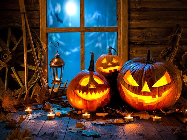 Katebackdrop：Kate Halloween Pumpkins Lamp Wood Floor for Children