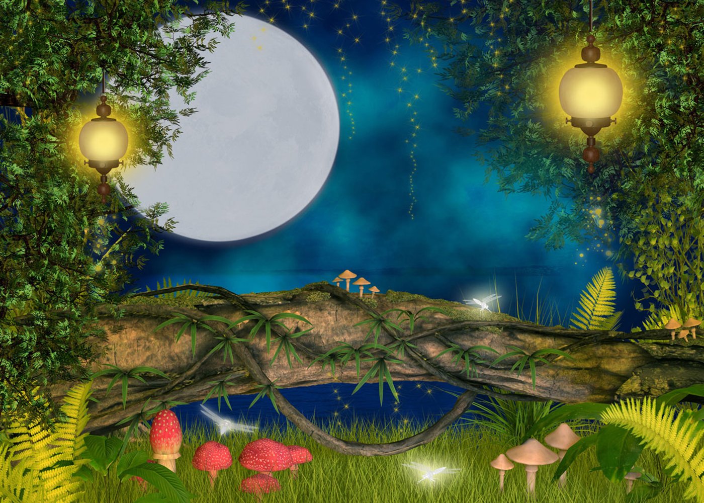 Katebackdrop：Moon Night Lantern Mushroom Tree Backdrop for Children Photography