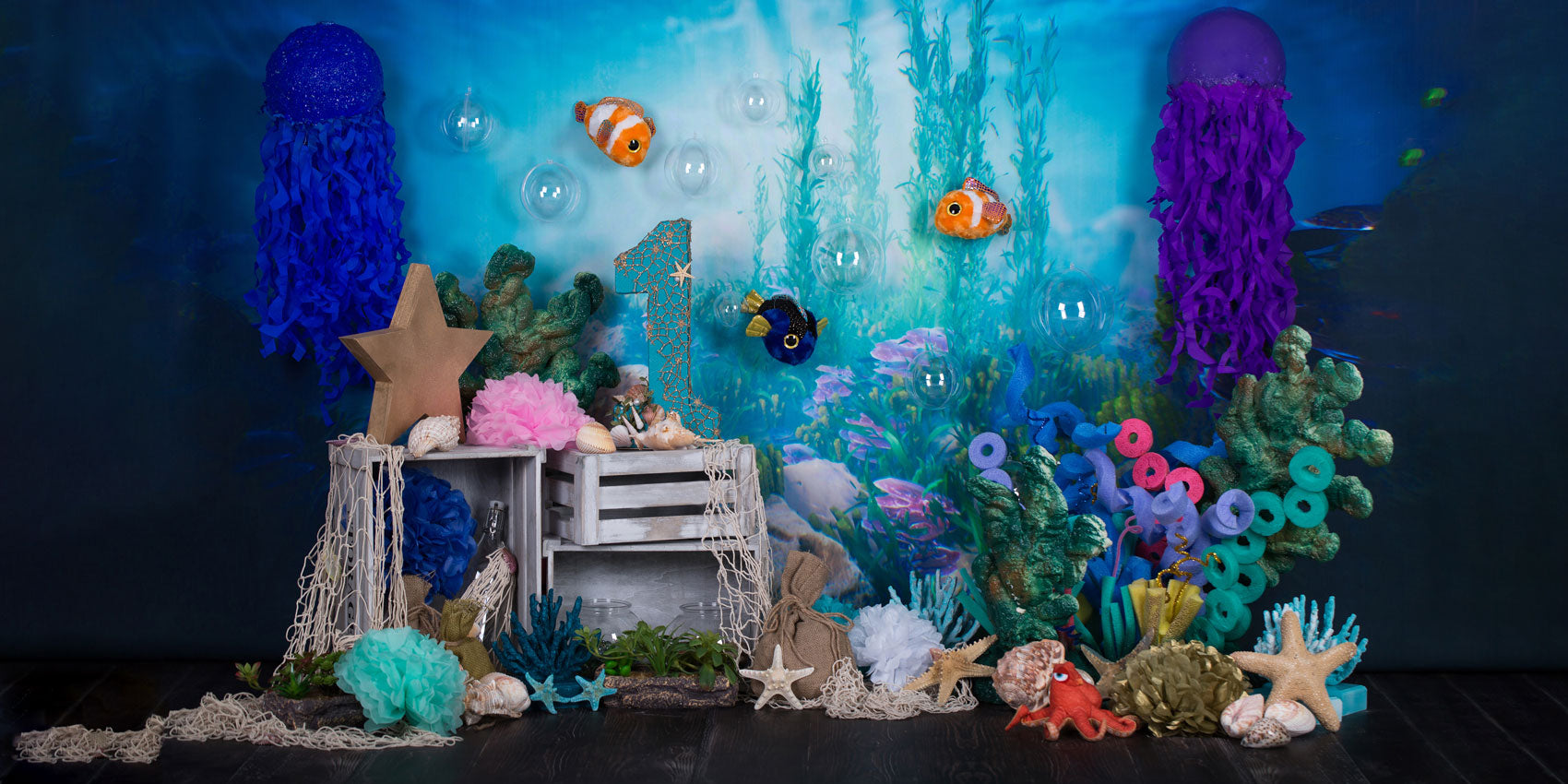 Kate Meerjungfrau unter Meer 1. Geburtstagstorte zerschmettern Sommer Hintergrund entworfen von Studio Gumot - Kate Backdrop.de