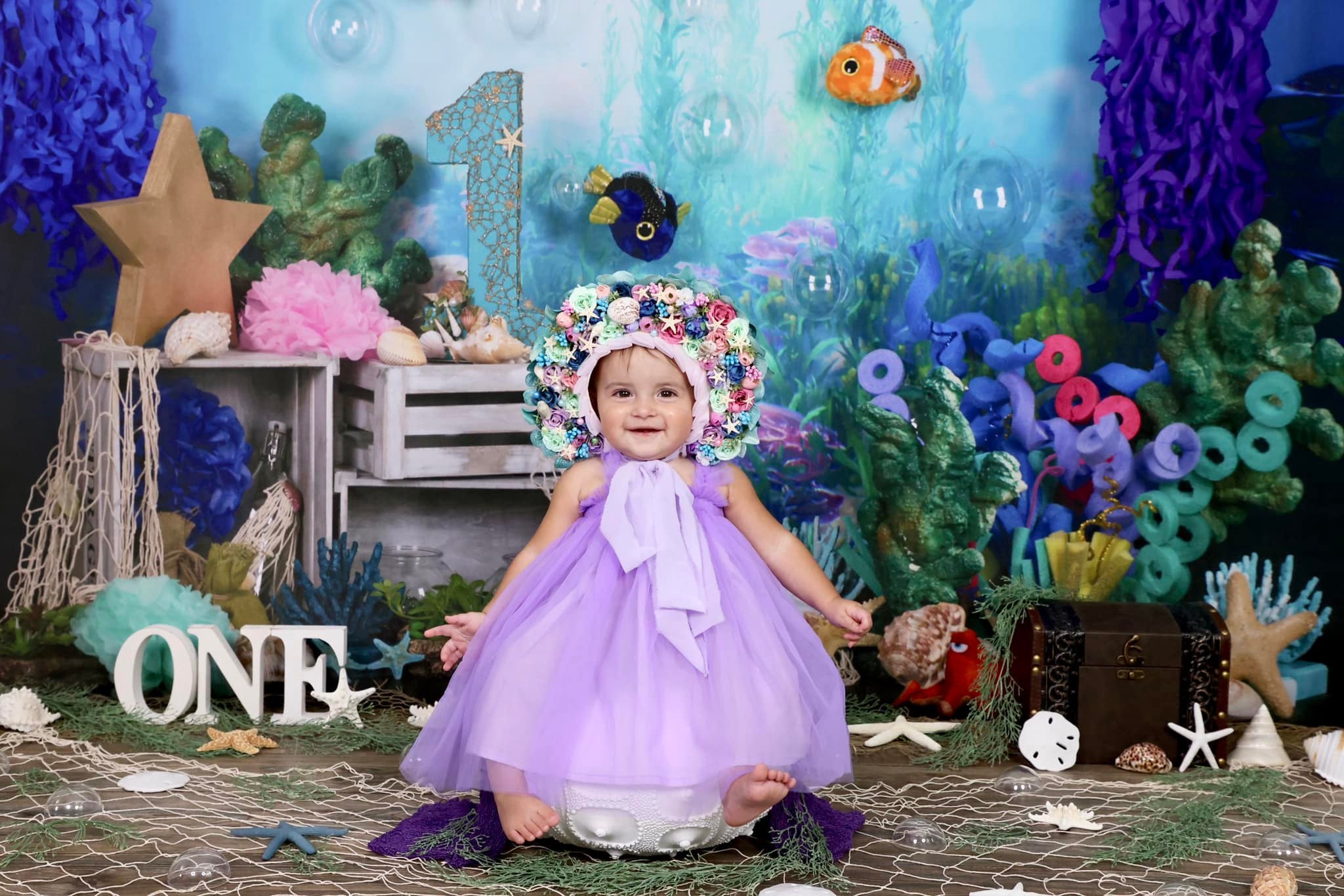 Kate Meerjungfrau unter Meer 1. Geburtstagstorte zerschmettern Sommer Hintergrund entworfen von Studio Gumot - Kate Backdrop.de