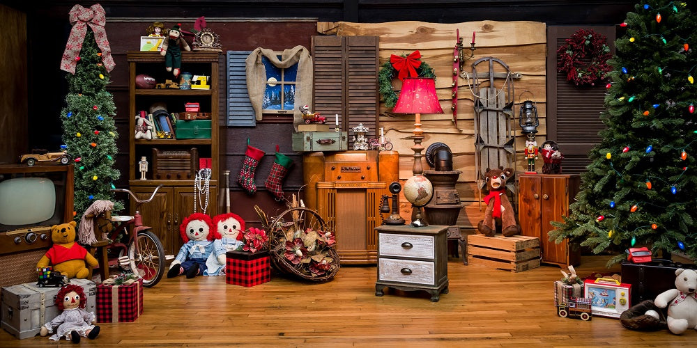 Kate Rustic Christmas Vintage Cabin Santa’s toy shop Backdrop, raggedy Anne