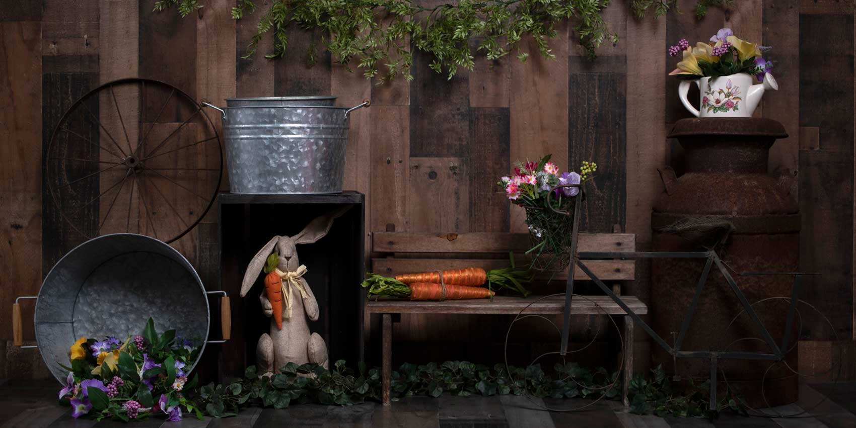 Kate Holz Hintergrund mit Kaninchen Dekorationen Ostern Frühling Kinder Kulisse für Fotografie von Erin Larkins entworfen - Kate Backdrop.de