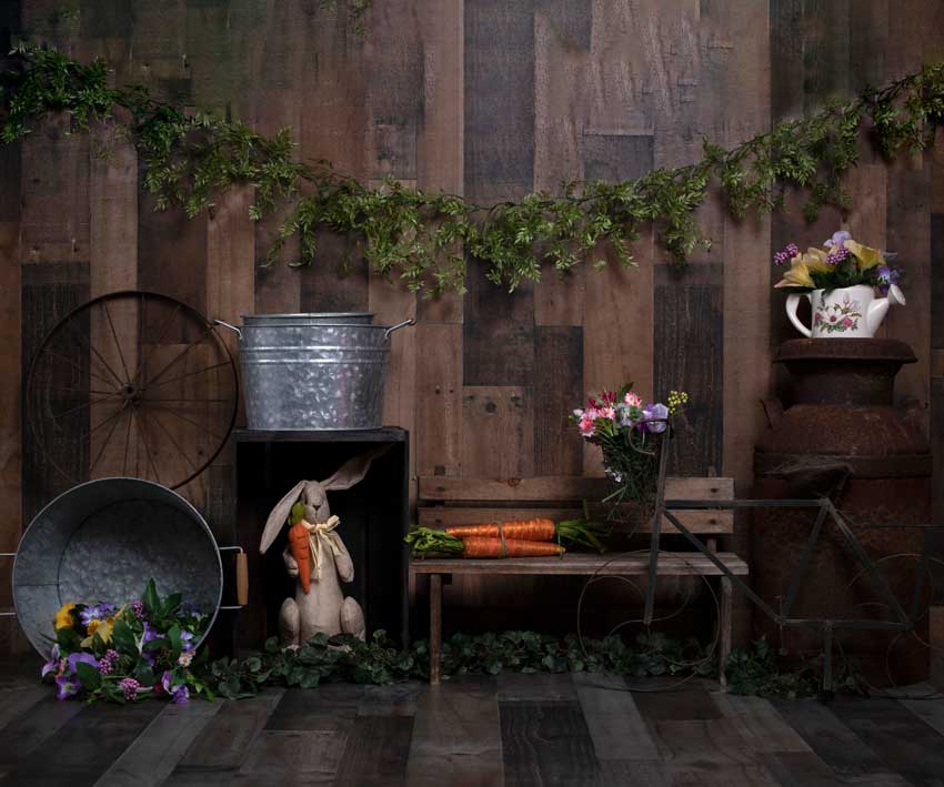 Kate Holz Hintergrund mit Kaninchen Dekorationen Ostern Frühling Kinder Kulisse für Fotografie von Erin Larkins entworfen - Kate Backdrop.de