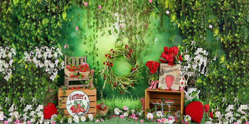 Kate Sommer Erdbeer und weiße Blume grüne Blätter  Hintergrund - Kate Backdrop.de