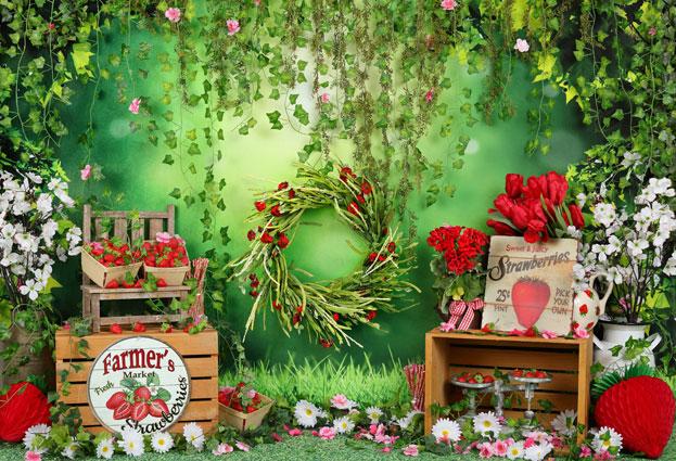 Kate Sommer Erdbeer und weiße Blume grüne Blätter  Hintergrund - Kate Backdrop.de