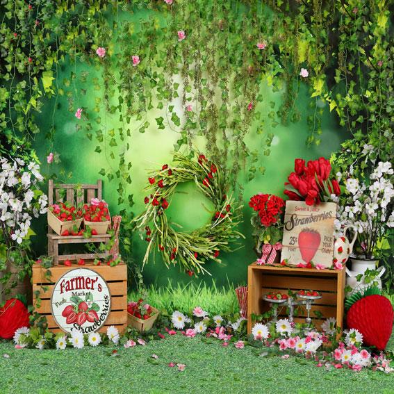 Kate Sommer Erdbeer und weiße Blume grüne Blätter  Hintergrund - Kate Backdrop.de
