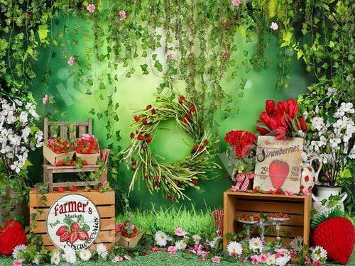 Katebackdrop£ºKate Summer Strawberry and White Flower Green Leaves With Banners Birthday Backdrop