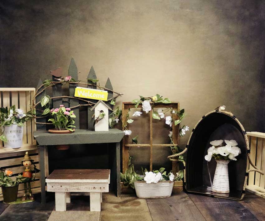Kate die Potting-Halle-Frühlings-Blumen-Hintergrund für die Fotografie entworfen von Amanda Moffatt