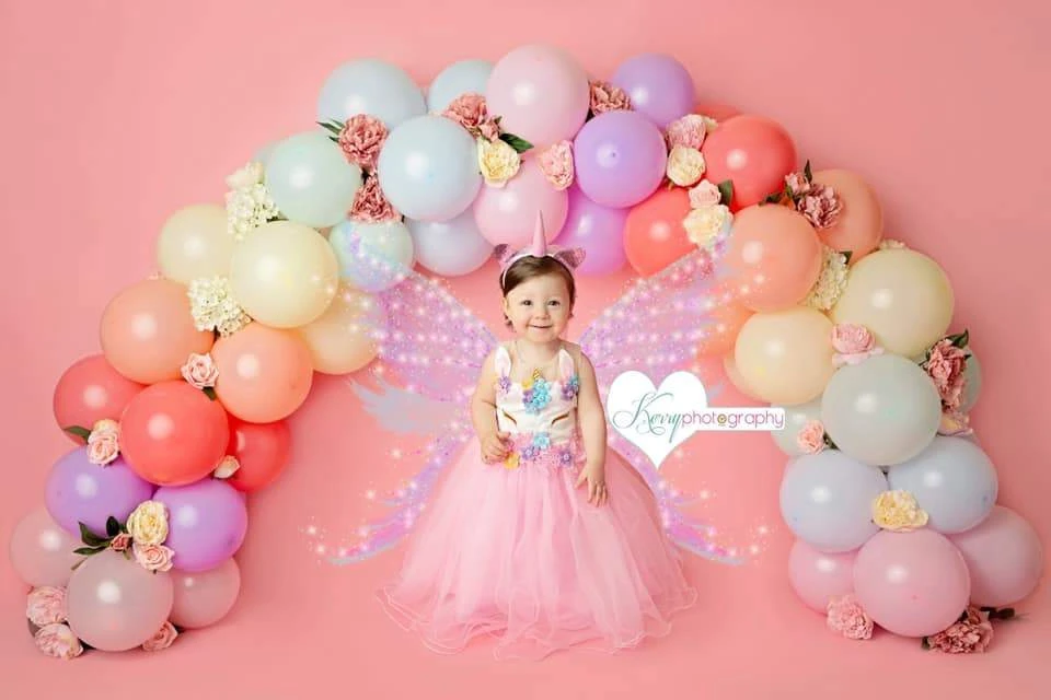 Kate Regenbogen Blumenballon Geburtstags Kinder Hintergrund für Fotografie von Kerry Anderson - Kate Backdrop.de