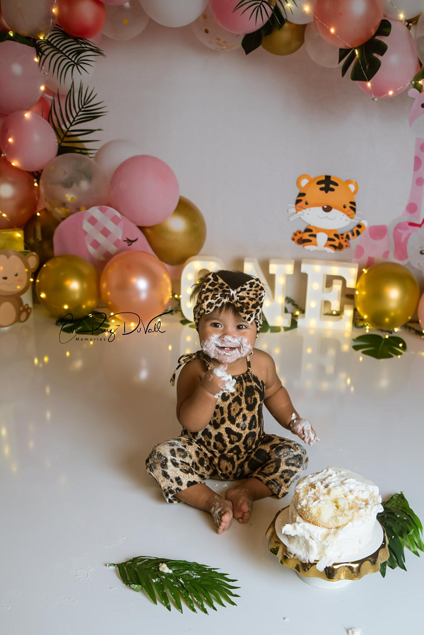 Kate Rosa Safari-Geburtstags-Kinderhintergrund für die Fotografie entworfen von Megan Leigh Photography