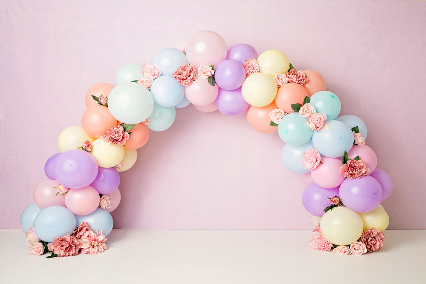 Kate Luftballons Regenbogen mit Blumen für Kinder Geburtstag Hintergrund für Fotografie Entworfen von Kerry Anderson