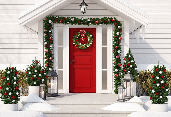 Weihnachten rot Von Weiß Haus mit Bäume Dekoration Hintergrund