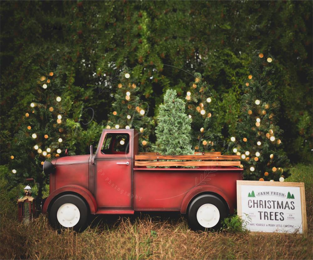 Kate Weihnachten roter LKW Baum Bauernhof Hintergrund  von Pine Park Collection