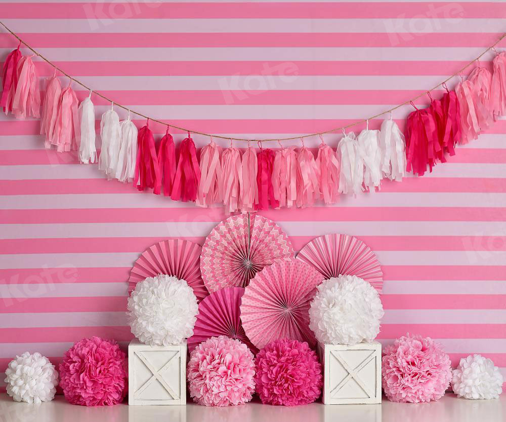 Kate Rosa und weißer Geburtstag mit Streifen Hintergrund Entworfen von Mandy Ringe Photography - Kate Backdrop.de