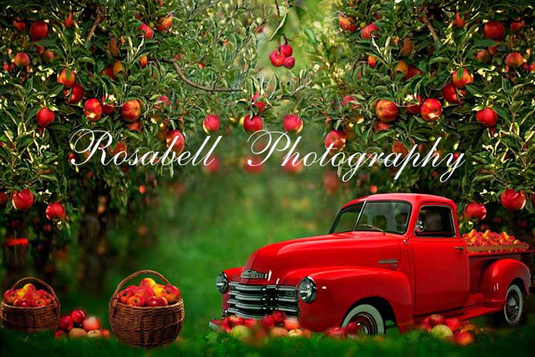 Kate Frühling Apfel Obstgarten roten LKW Hintergrund  von Rosabell Fotografie - Kate Backdrop.de