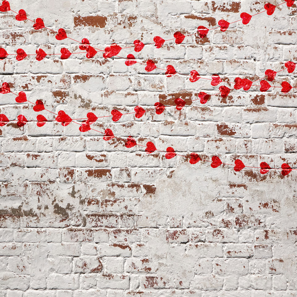 Kate Weiße Backsteinmauer mit roten Herzen Valentinstag-Hintergrund für die Fotografie entworfen von Jerry_Sina - Kate Backdrop.de