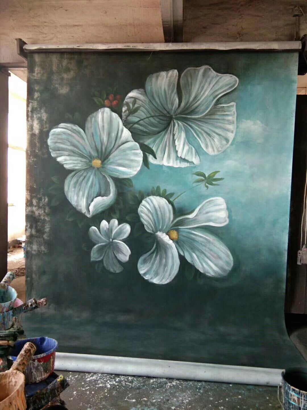 Kate Big Flowers Hand Painted Canvas Green Backdrop