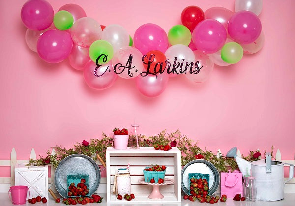 Kate Luftballons Flamingo Rosa Wand mit Erdbeeren und Dekorationen Mädchen Kinder Geburtstag Hintergrund Entworfen von Erin Larkins