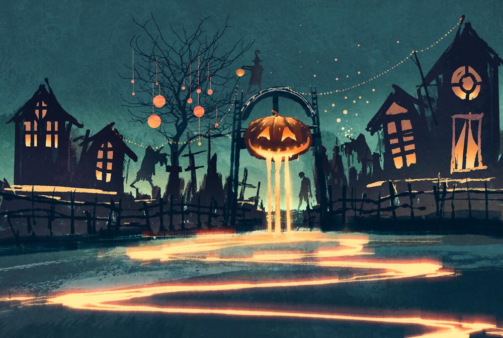 Katebackdrop：Kate Halloween Backdrops Photography Horror Old Village pumpkin Background