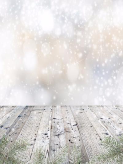 Katebackdrop：Kate White Bokeh Drop Snow Fantasy Gray Wood Floor Backdrop