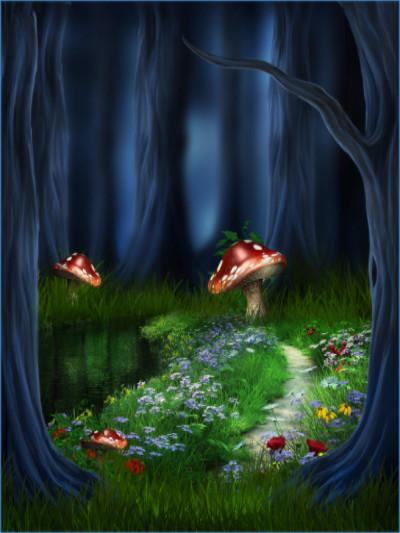 Katebackdrop：Kate Children Blue Forest Grass Mushrooms Backdrop
