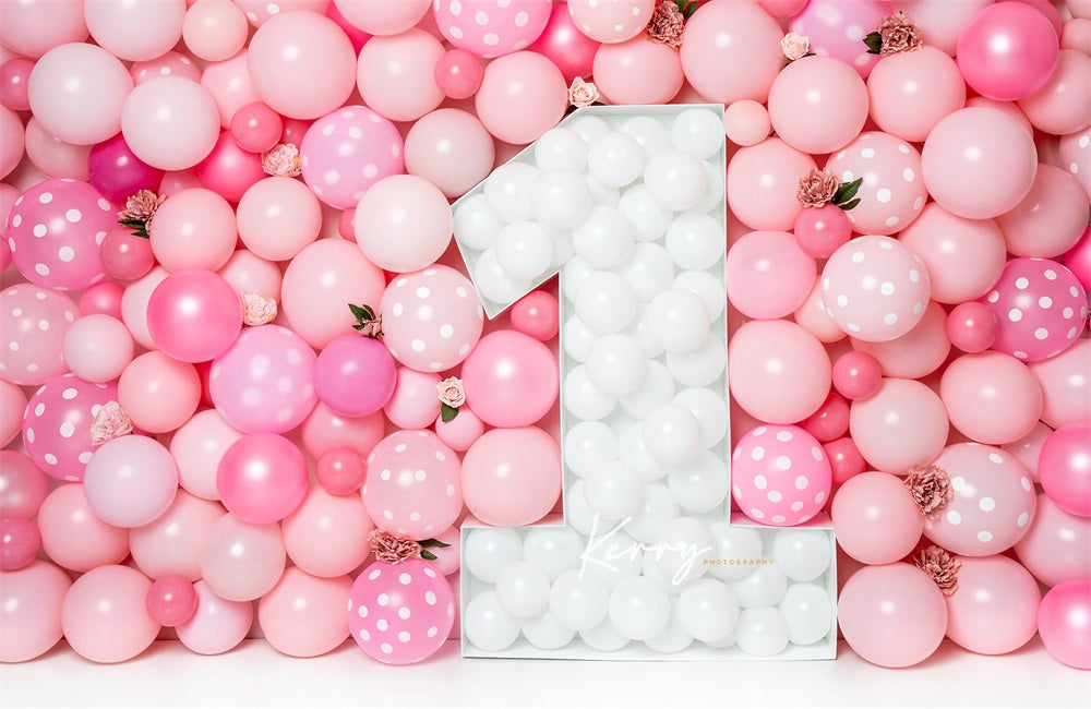 Kate Rosa Luftballons Wandhintergrund Erster Geburtstag Blumen für Fotografie von Kerry Anderson - Kate Backdrop.de