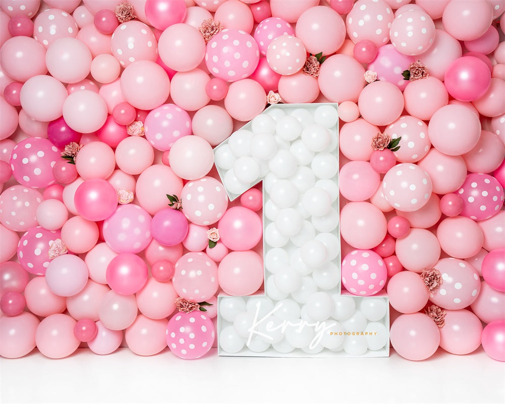 Kate Rosa Luftballons Wandhintergrund Erster Geburtstag Blumen für Fotografie von Kerry Anderson - Kate Backdrop.de