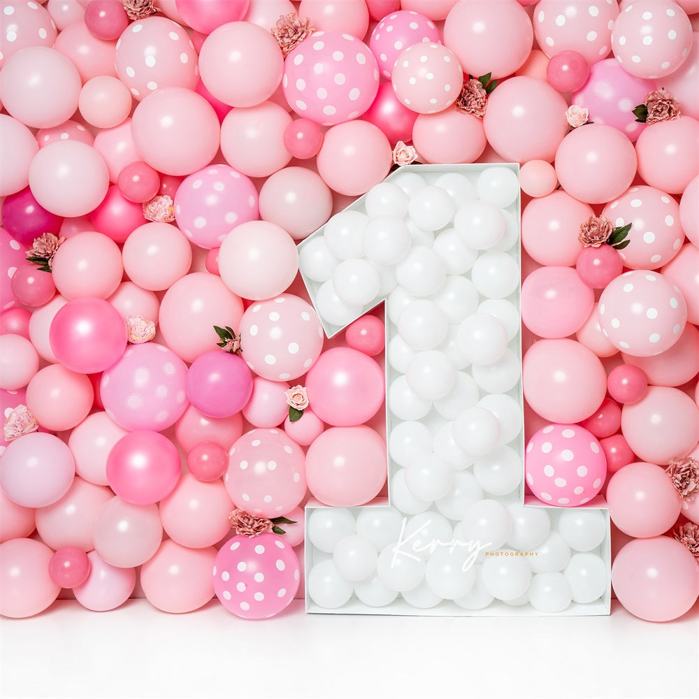 Kate Rosa Luftballons Wandhintergrund Erster Geburtstag Blumen für Fotografie von Kerry Anderson - Kate Backdrop.de
