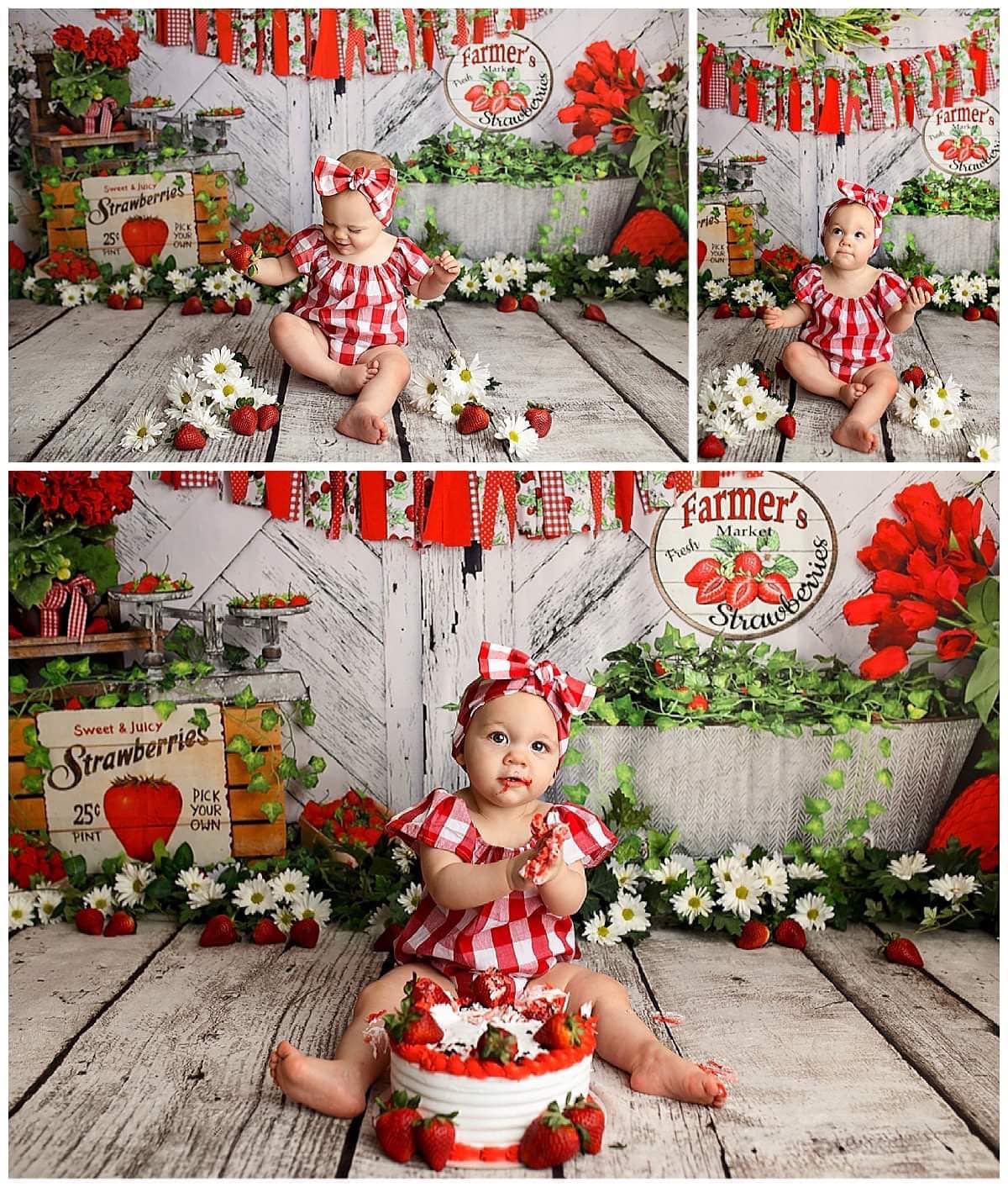 Kate Sommer Erdbeere Weißes Holzbrett mit Bannern Hintergrund - Kate Backdrop.de